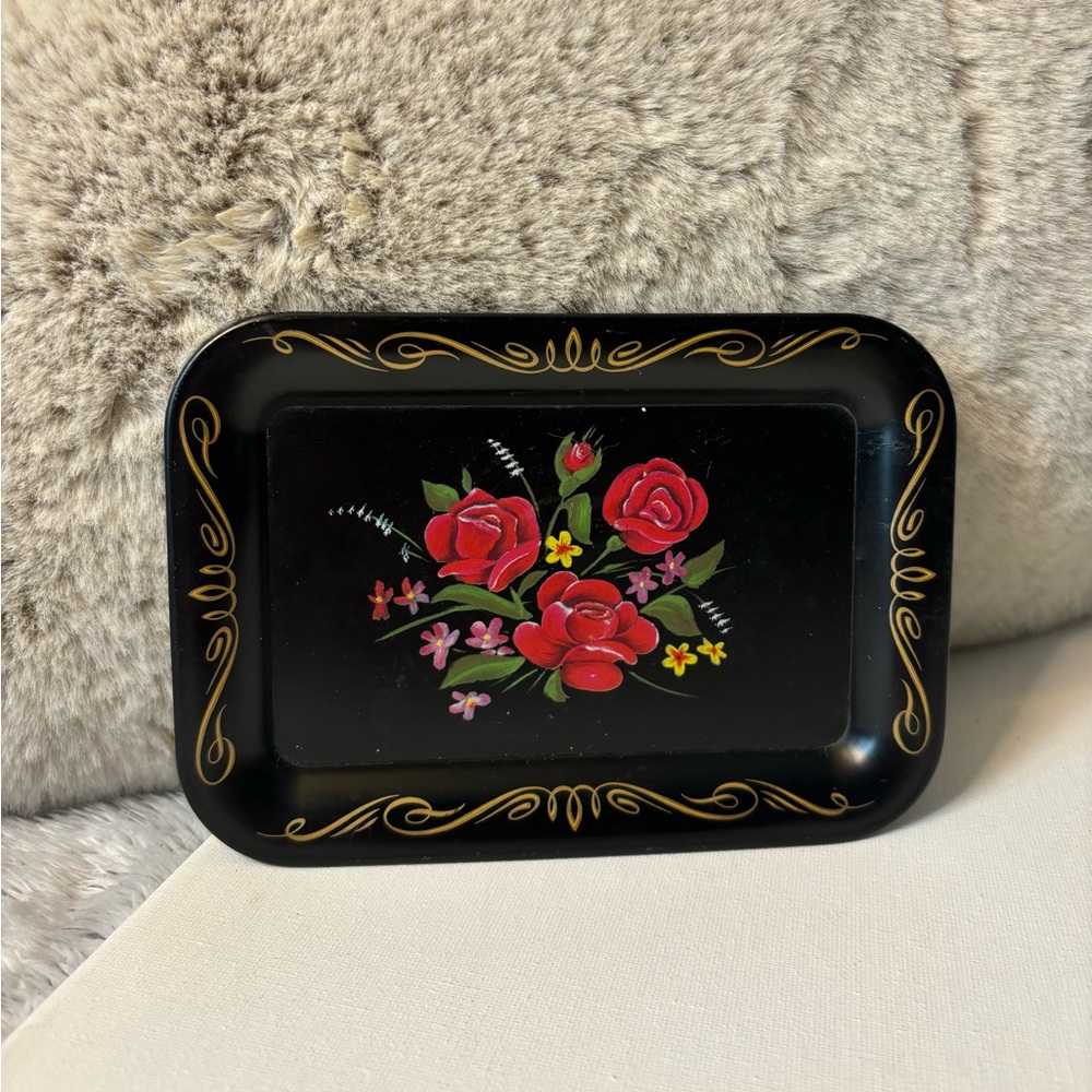 Vintage Small Black Toleware Pepsi Cola Metal Floral Tray Trinket Dish
